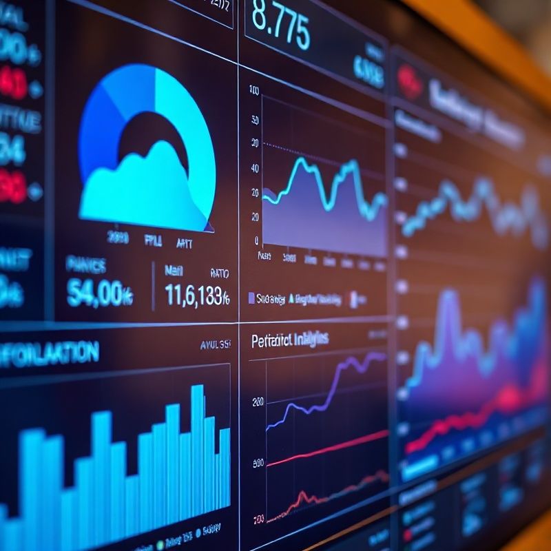 Vista detallada de un panel de analítica con métricas destacadas en índigo y azul eléctrico