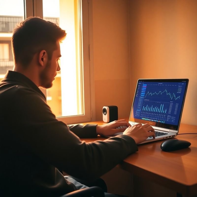 Persona estudiando gráficos financieros en un portátil con luz natural en un apartamento de Madrid